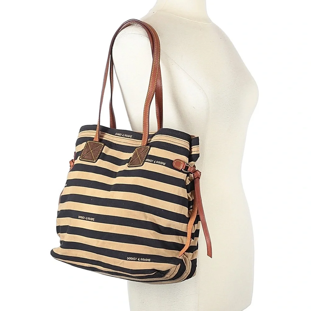 Dooney & Bourke Brown and Tan Striped Tote Bag with Leather Handles and Trim - Picture 10 of 15